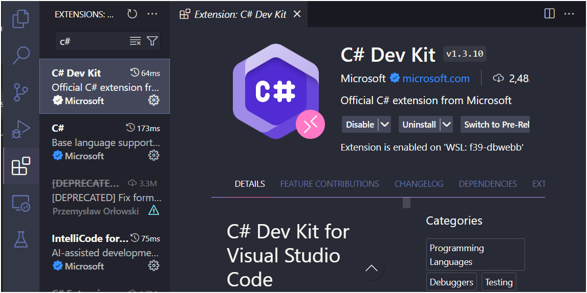 vscode extensions C# dev kit and C#