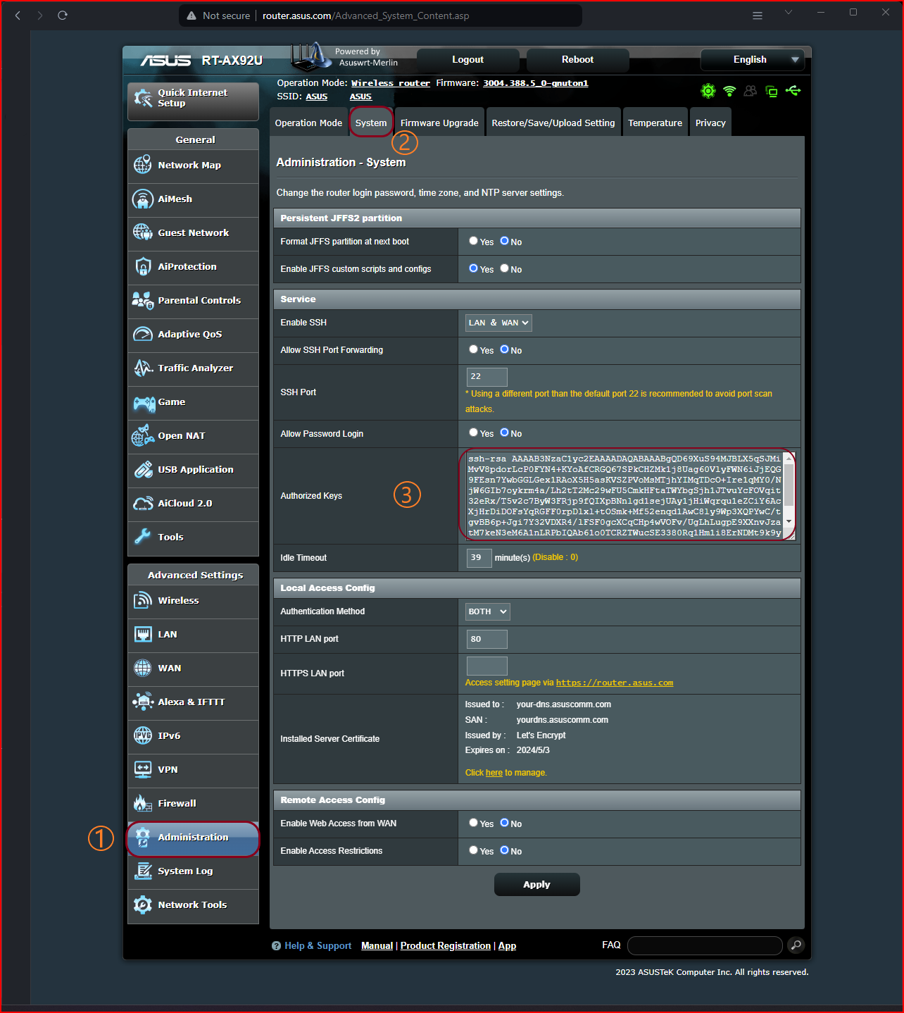 Upload ssh-key to Asus Router