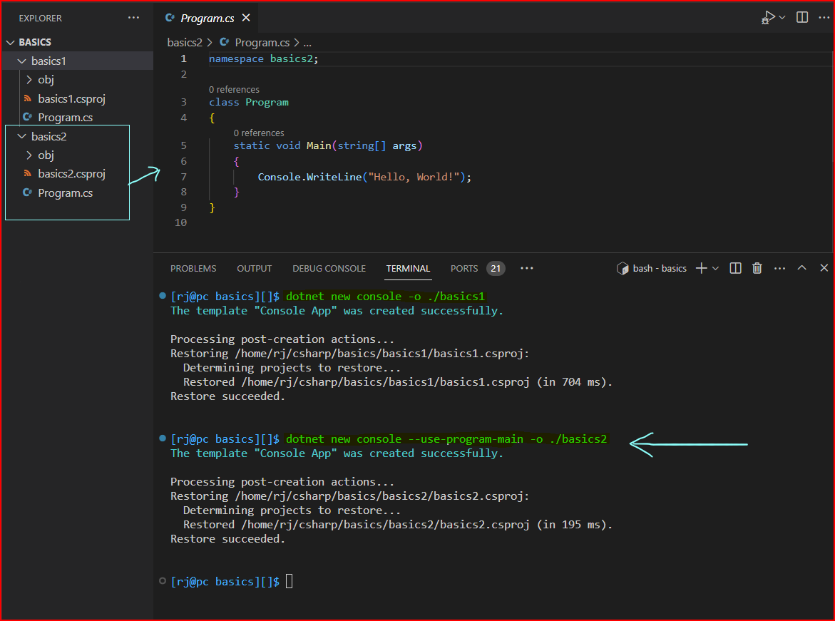 dotnet new console projects with program main